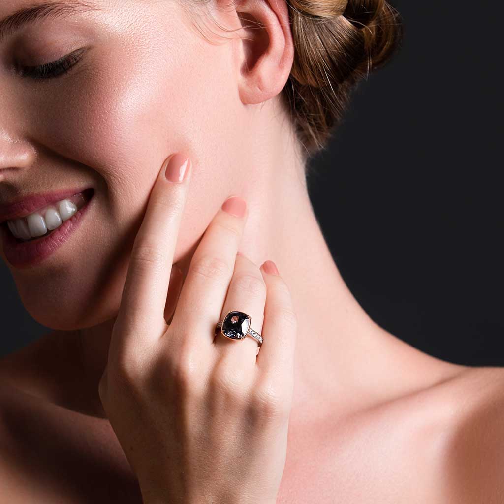 A cushion cut grey spinel and diamond engagement ring by Australian jeweller Lizunova, Sydney