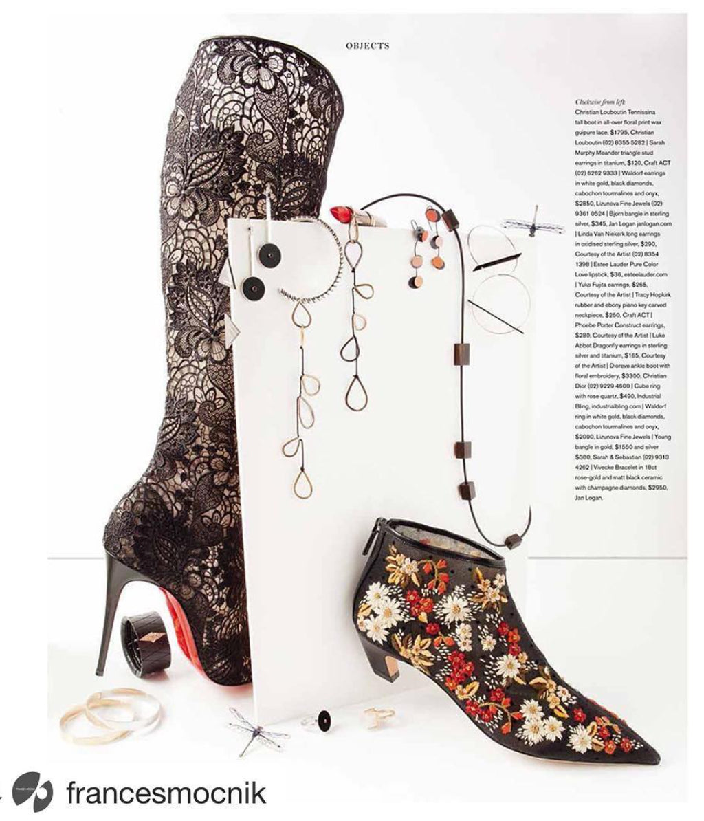 Lizunova earrings and ring in an editorial shoot in the AFR Magazine