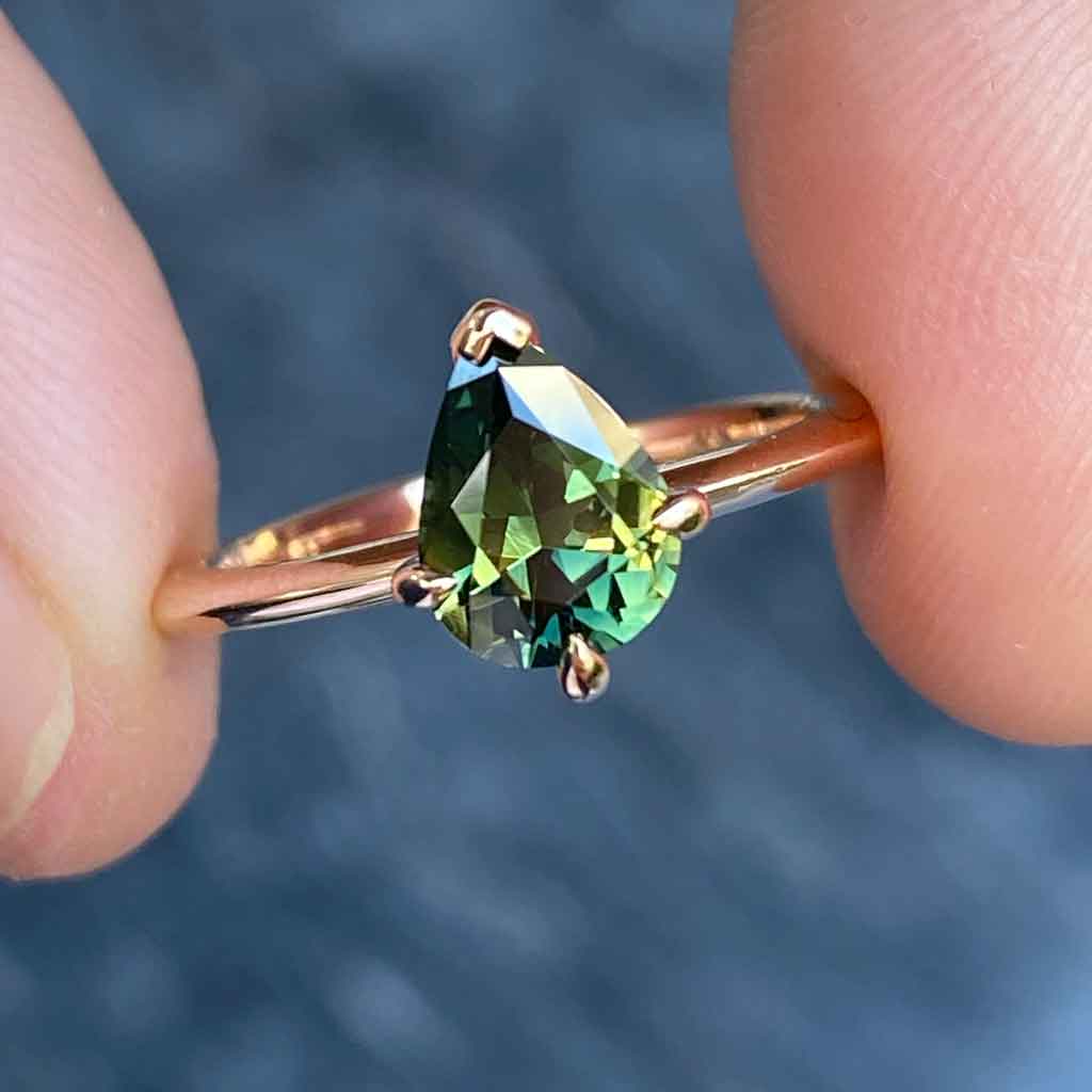 Australian parti teal sapphire bespoke engagement ring Sydney jeweller Lizunova Fine Jewels Sydney Australia SKU00115