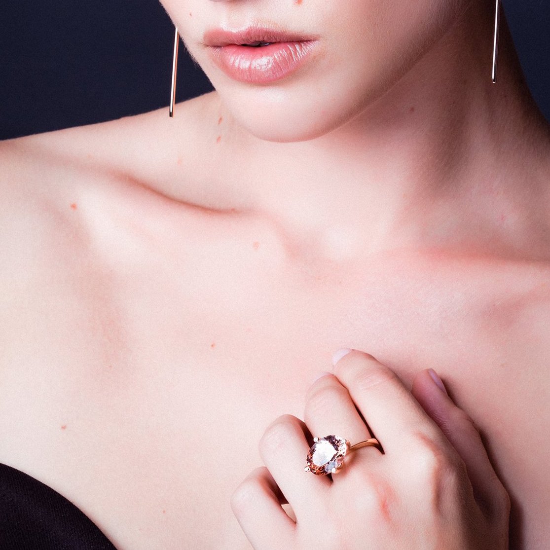 A morganite and diamond rose gold cocktail ring by Sydney jeweller Lizunova