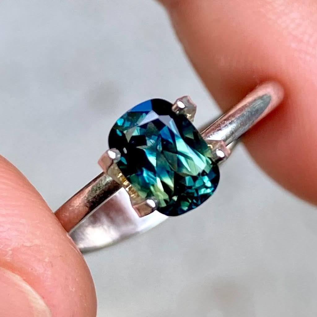 1.2ct cushion Australian teal parti sapphire - Lizunova Fine Jewels