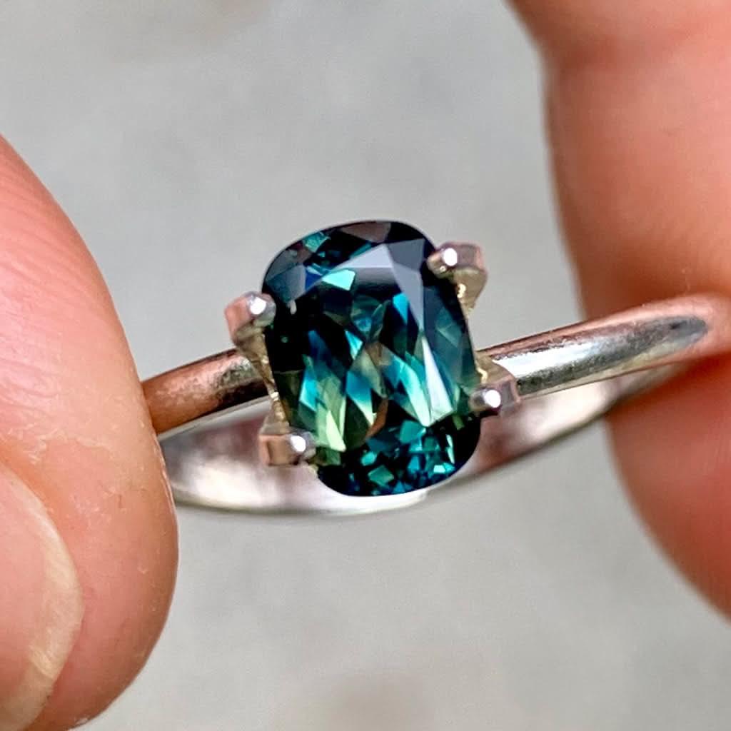 1.2ct cushion Australian teal parti sapphire - Lizunova Fine Jewels
