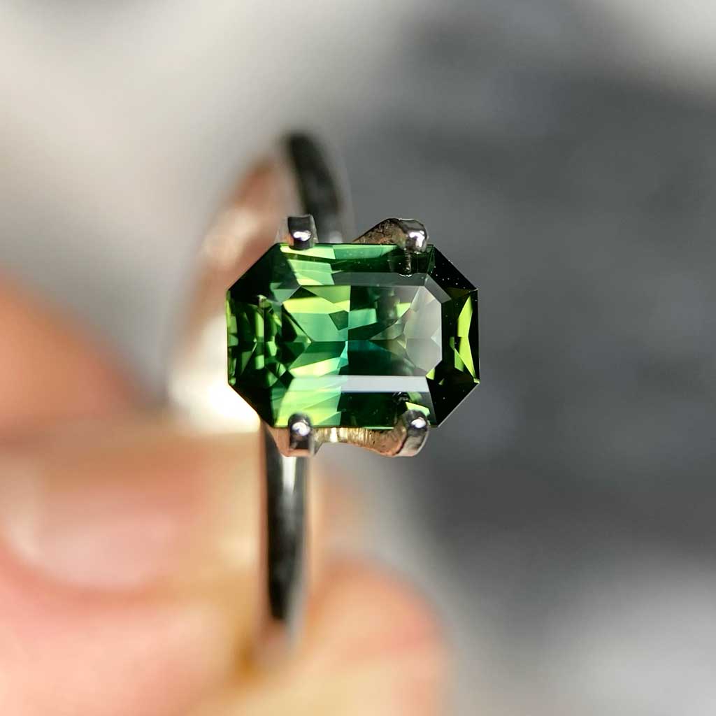 1.39ct emerald radiant cut Australian parti sapphire available for a bespoke engagement ring by Lizunova Fine Jewels