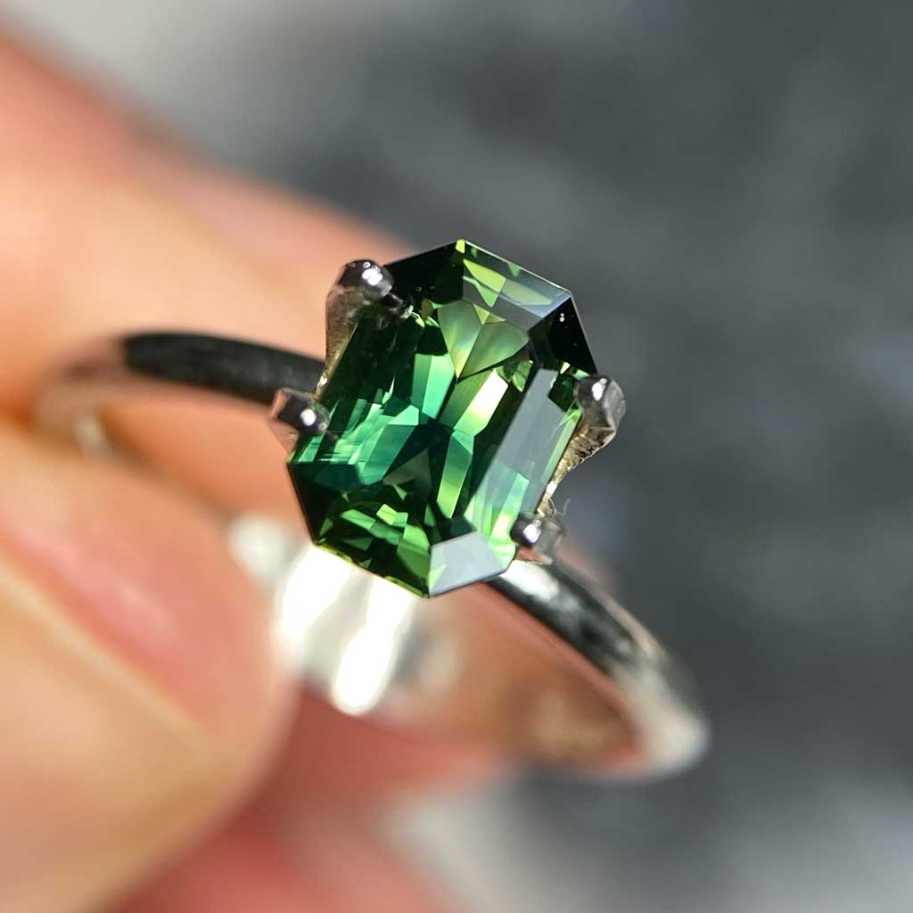 1.39ct emerald radiant cut Australian parti sapphire available for a bespoke engagement ring by Lizunova Fine Jewels