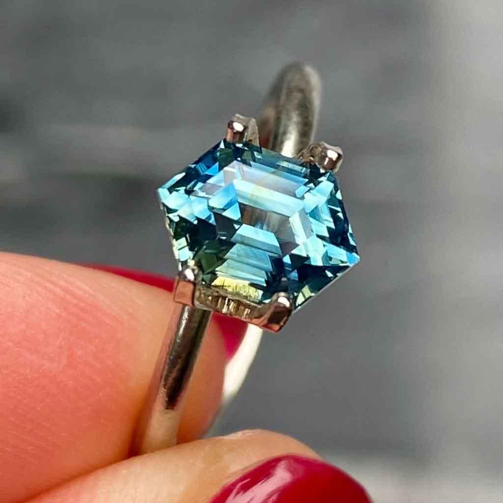 1.68ct hexagon Madagascan teal sapphire - Lizunova Fine Jewels