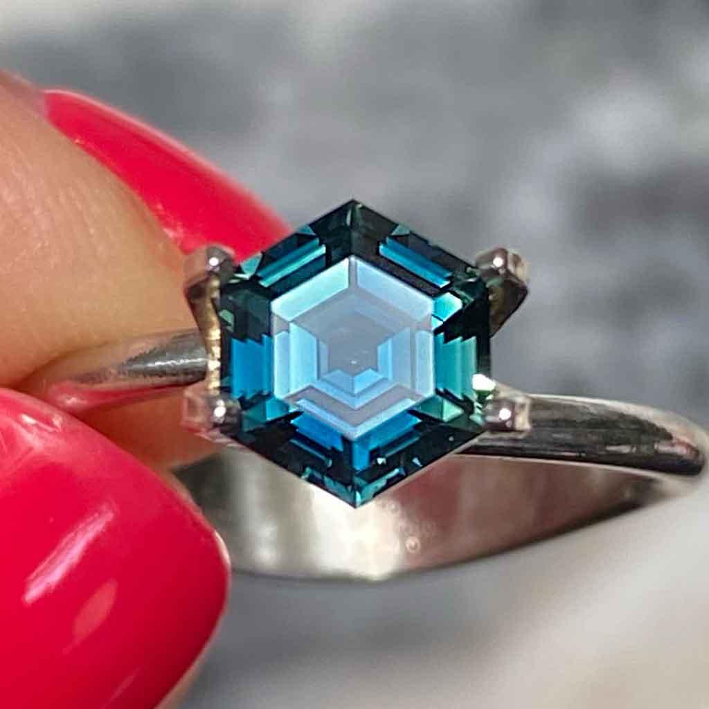 1.6ct hexagon Australian teal sapphire - Lizunova Fine Jewels