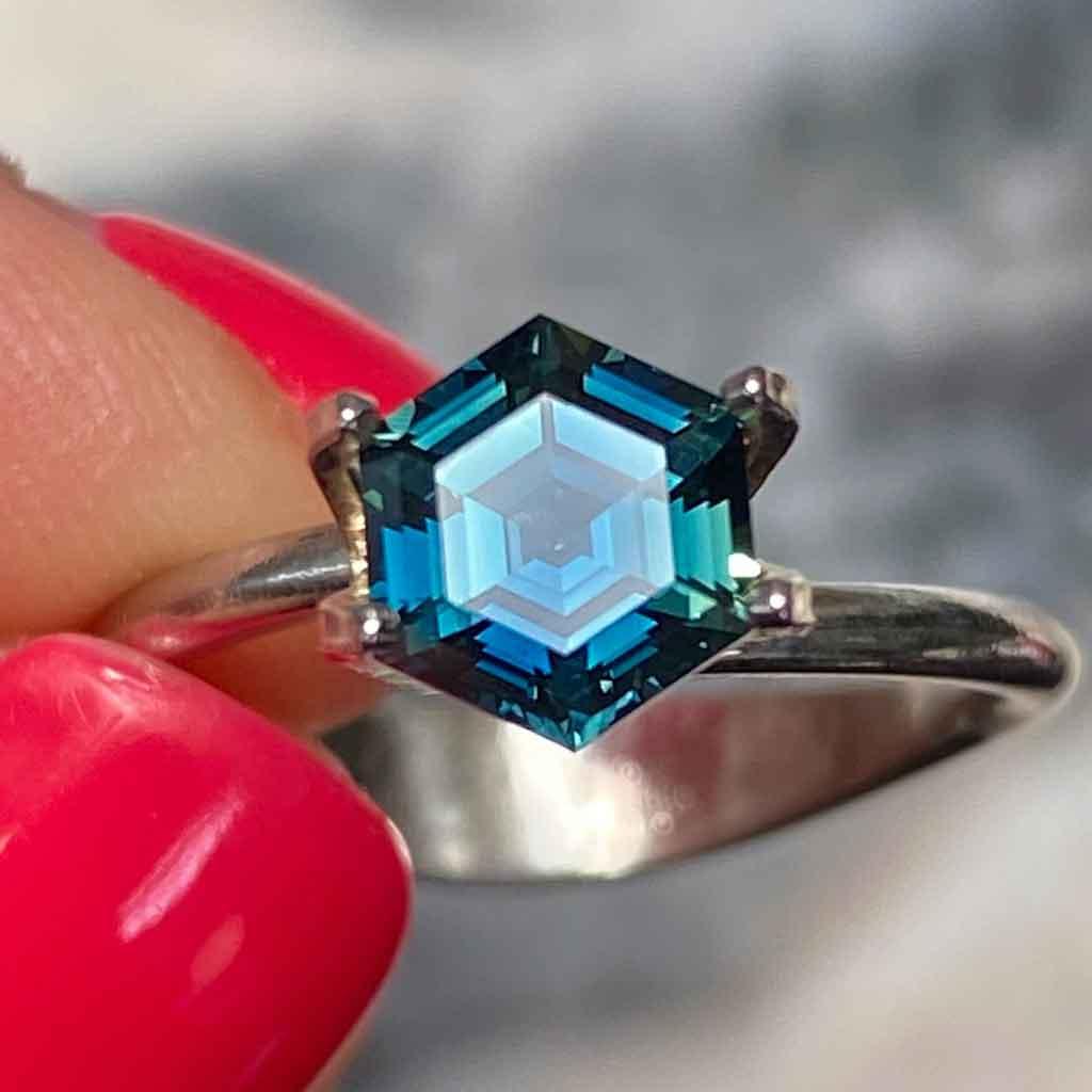 1.6ct hexagon Australian teal sapphire - Lizunova Fine Jewels