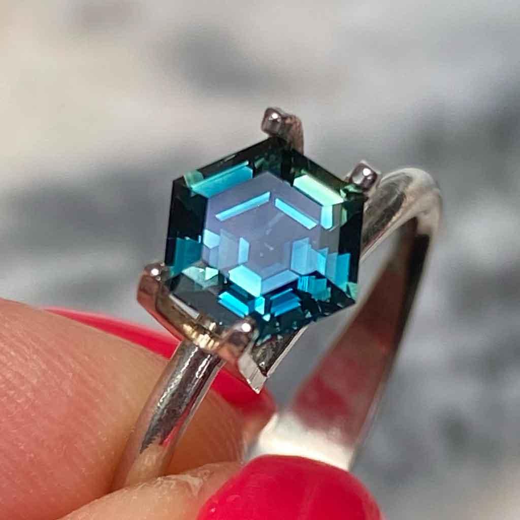 1.6ct hexagon Australian teal sapphire - Lizunova Fine Jewels