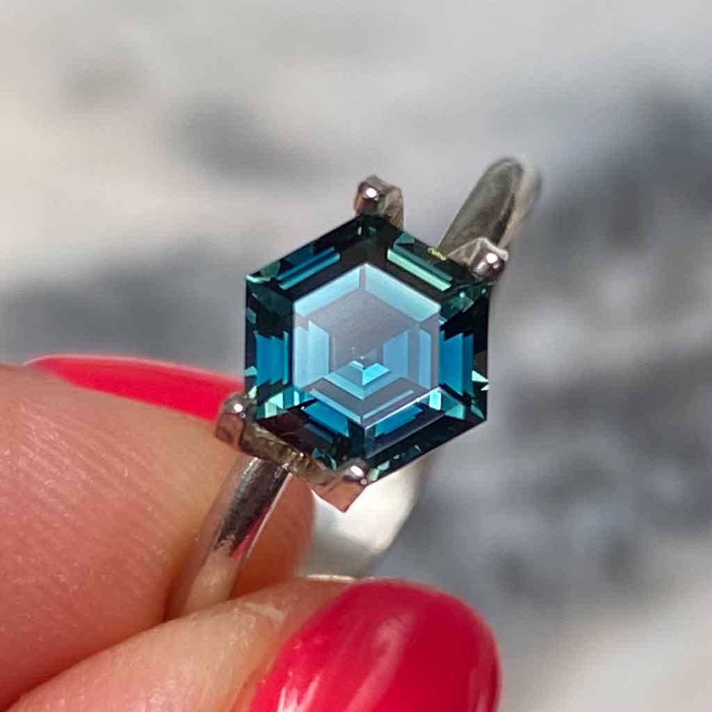 1.6ct hexagon Australian teal sapphire - Lizunova Fine Jewels