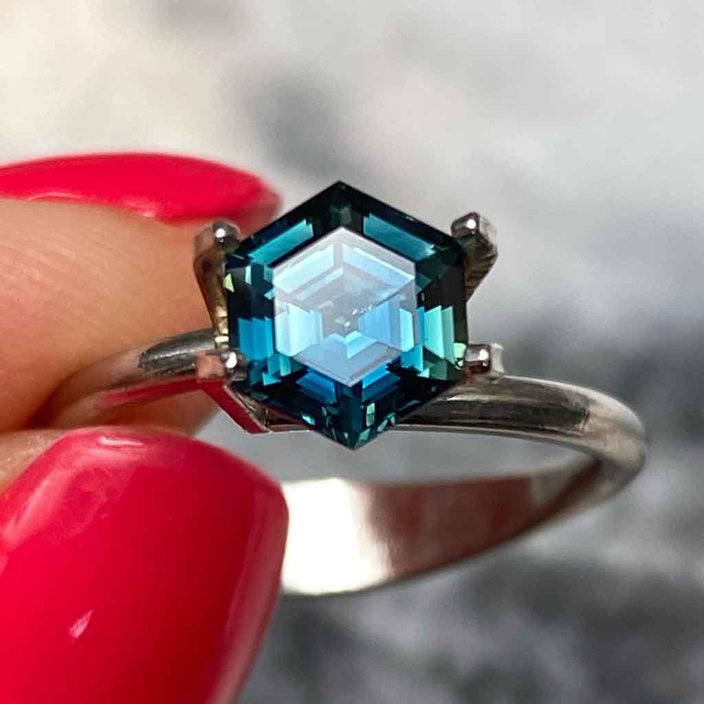 1.6ct hexagon Australian teal sapphire - Lizunova Fine Jewels