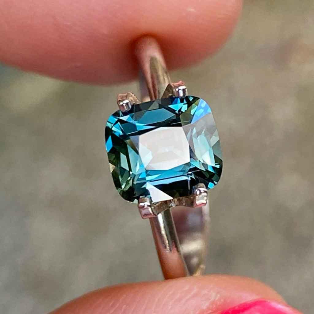 1.7ct cushion cut Madagascan teal sapphire - Lizunova Fine Jewels