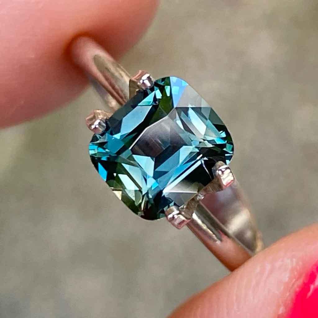 1.7ct cushion cut Madagascan teal sapphire - Lizunova Fine Jewels
