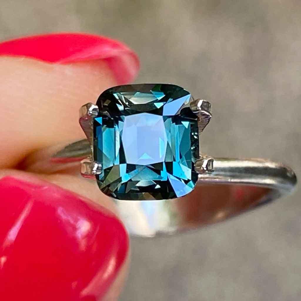 1.7ct cushion cut Madagascan teal sapphire - Lizunova Fine Jewels