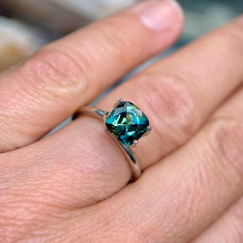 1.91ct cushion cut Australian teal parti sapphire