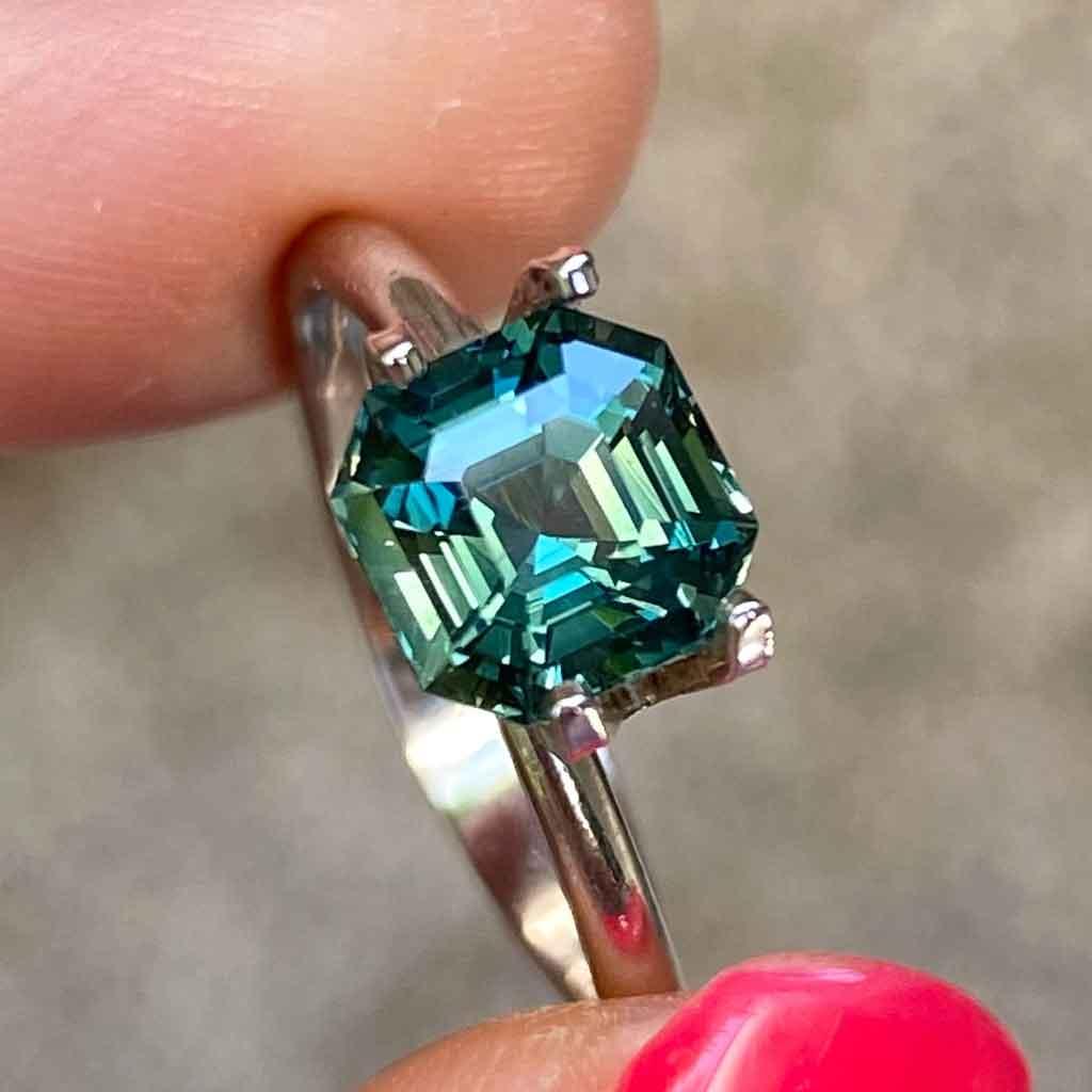 2.06ct emerald asscher cut Madagascan teal sapphire - Lizunova Fine Jewels