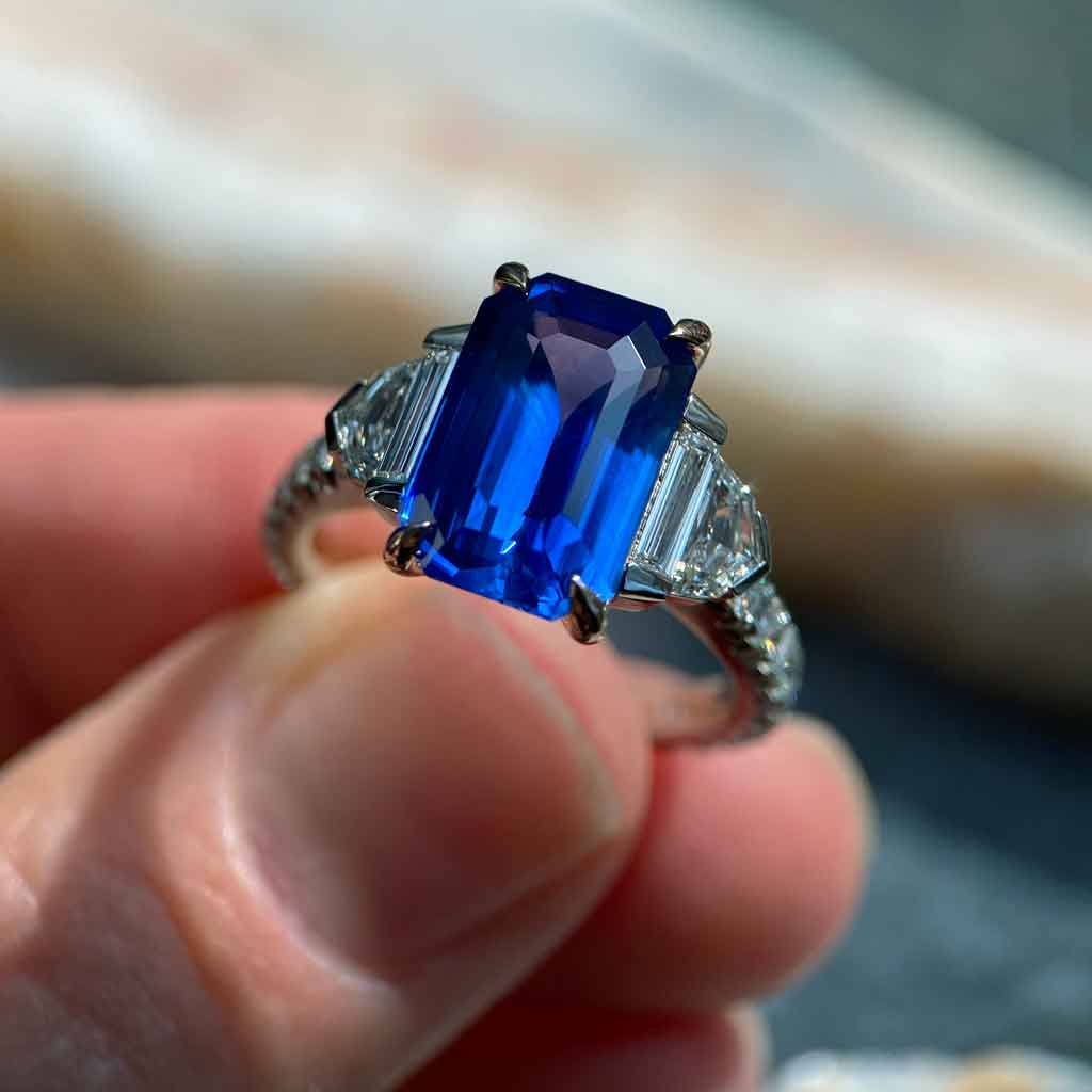 Annick | Emerald cut blue sapphire diamond engagement ring