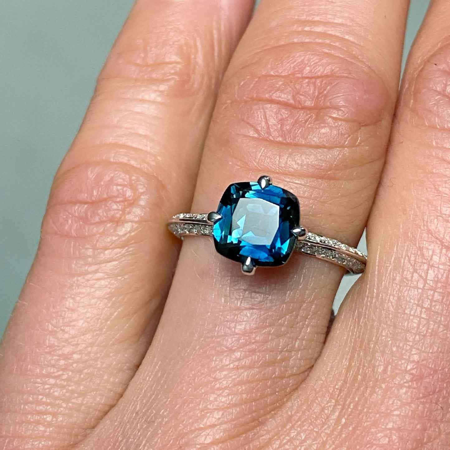 Ballets Russes - Cushion cut Australian teal sapphire engagement ring - Lizunova Fine Jewels