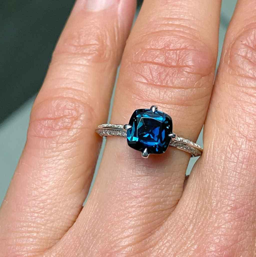 Ballets Russes - Cushion cut Australian teal sapphire engagement ring - Lizunova Fine Jewels
