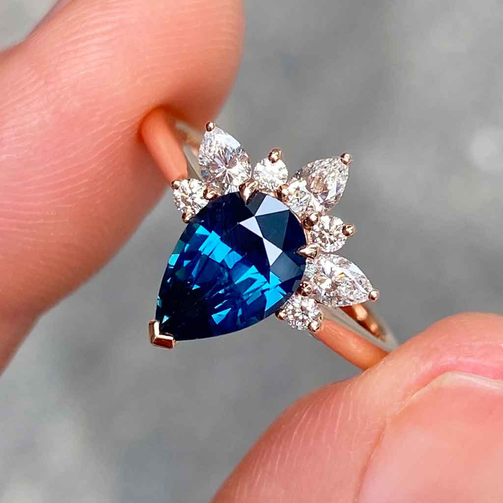 Bella-pear-teal-sapphire-diamond-halo-rose-gold-engagement-ring-Lizunova-Fine-Jewels-Sydney-jeweller-NSW-Australia-SKU00054
