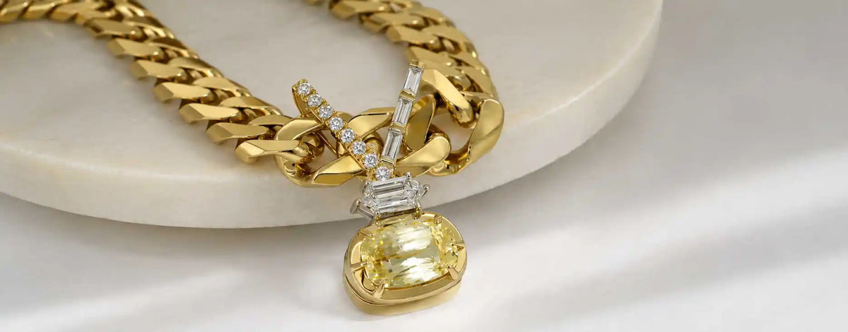 Bespoke yellow sapphire, hexagon diamond Victory pendant by Sydney jeweller Lizunova