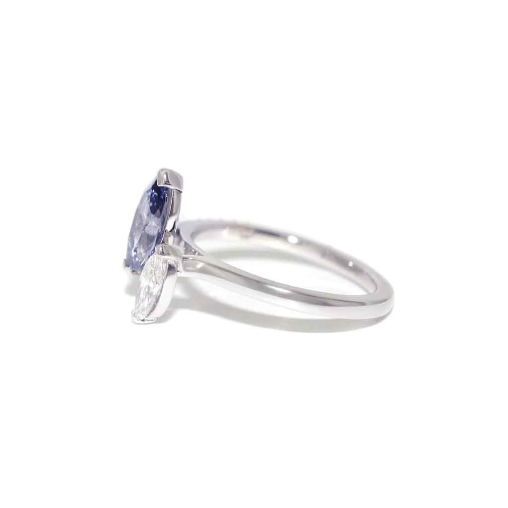 Bespoke toi et moi marquise cut grey spinel and marquise cut natural diamond engagement ring in platinum, by Australian jeweller Lizunova, Sydney NSW