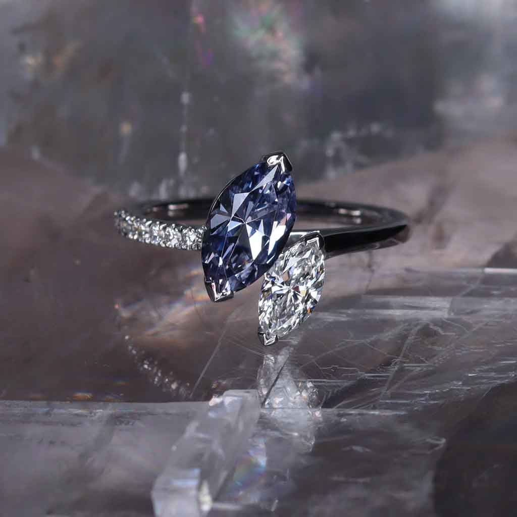 Bespoke toi et moi marquise cut grey spinel and marquise cut natural diamond engagement ring in platinum, by Australian jeweller Lizunova, Sydney NSW