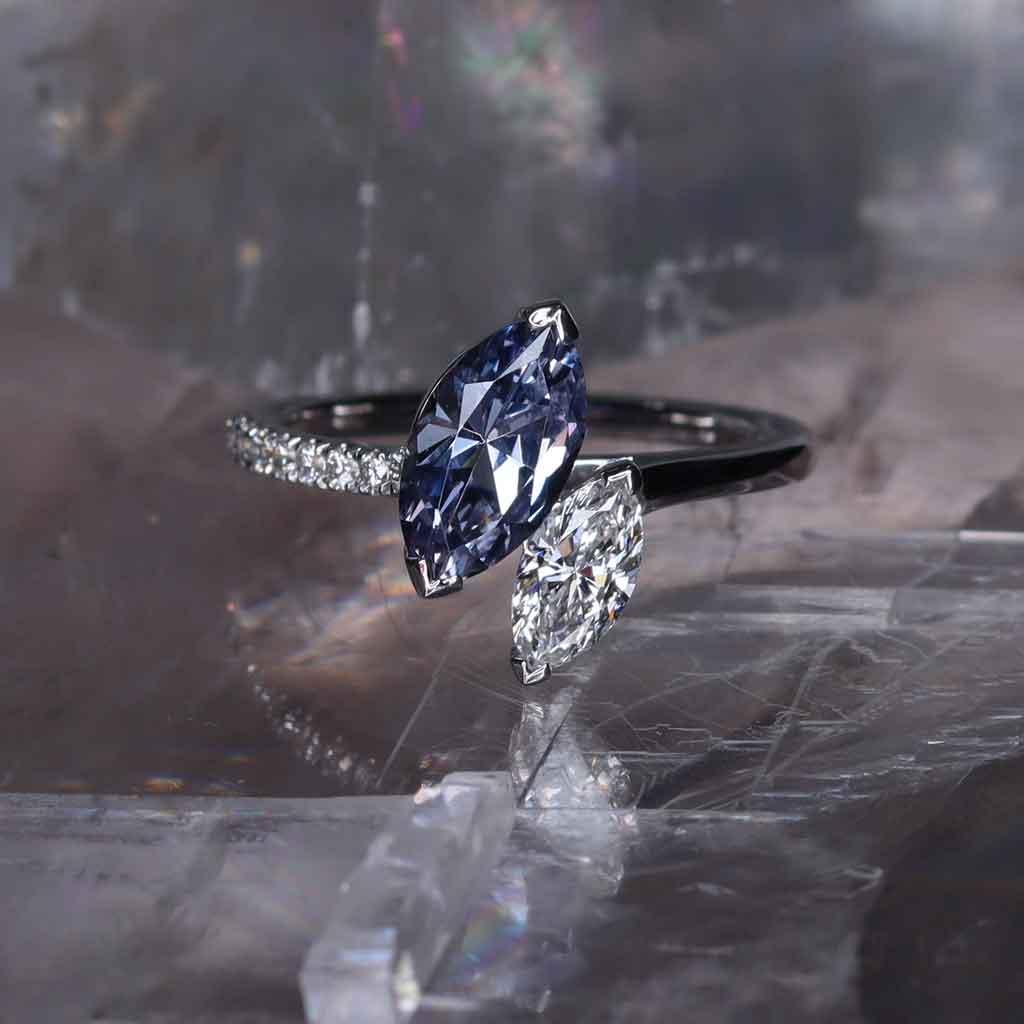 Aeris | Marquise cut grey spinel & diamond toi et moi engagement ring - Lizunova Fine Jewels