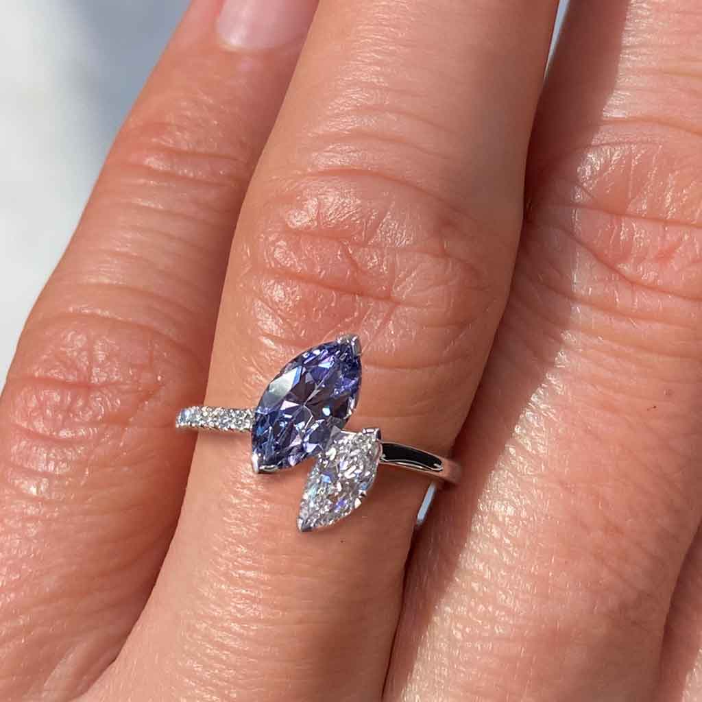 Bespoke toi et moi marquise cut grey spinel and marquise cut natural diamond engagement ring in platinum, by Australian jeweller Lizunova, Sydney NSW