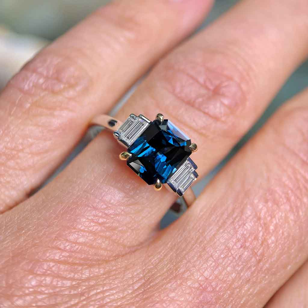 Celine - Art Deco emerald cut sapphire & diamond engagement ring - Lizunova