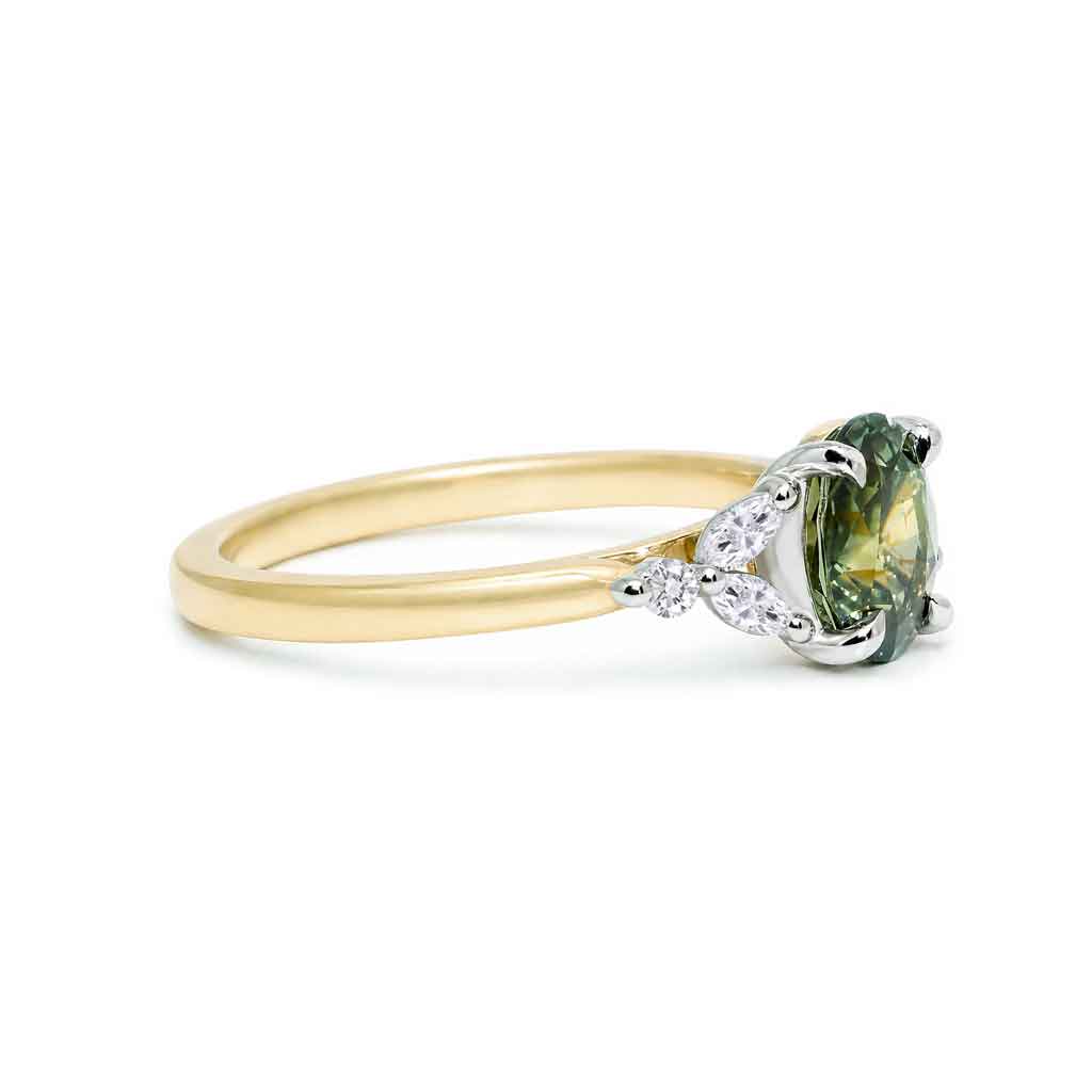 Floral design oval parti sapphire & marquise diamond engagement ring - Lizunova