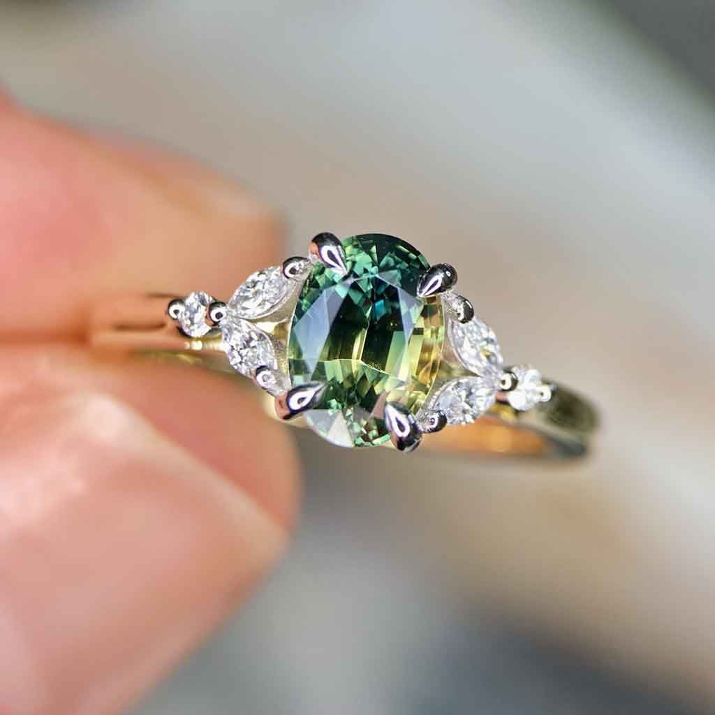 Floral design oval parti sapphire & marquise diamond engagement ring - Lizunova