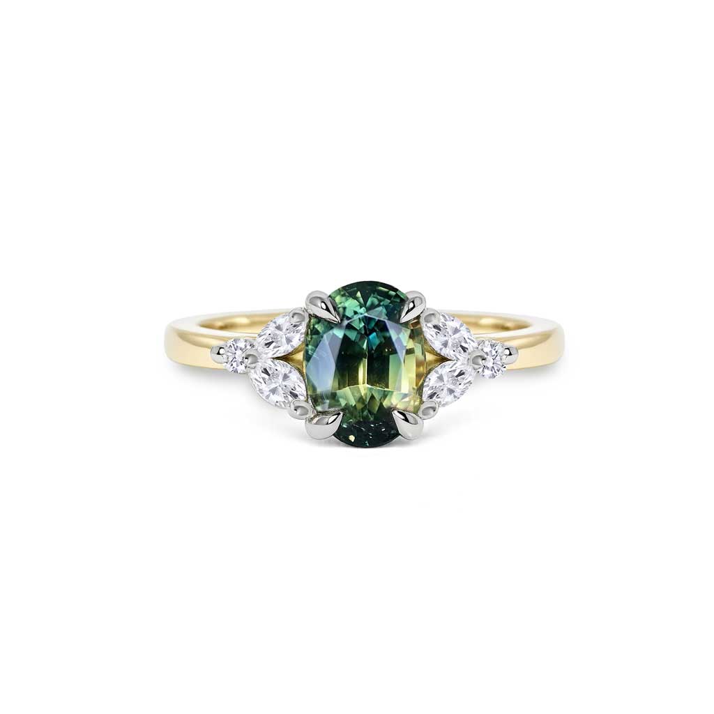 Floral design oval parti sapphire & marquise diamond engagement ring - Lizunova
