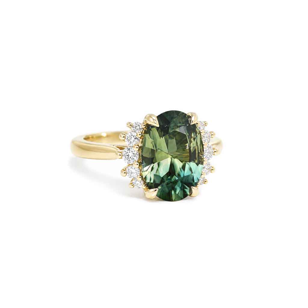 Lotus - Oval Australian teal sapphire & diamond cluster engagement ring - Lizunova