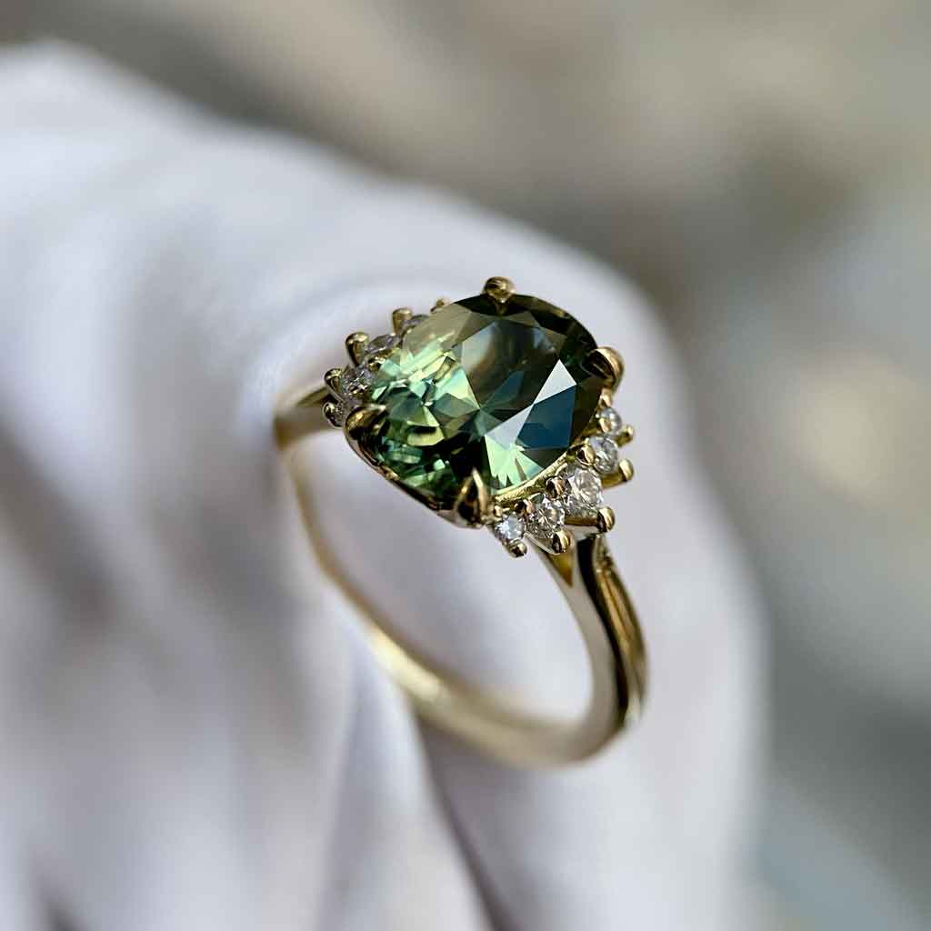 Lotus - Oval Australian teal sapphire & diamond cluster engagement ring - Lizunova