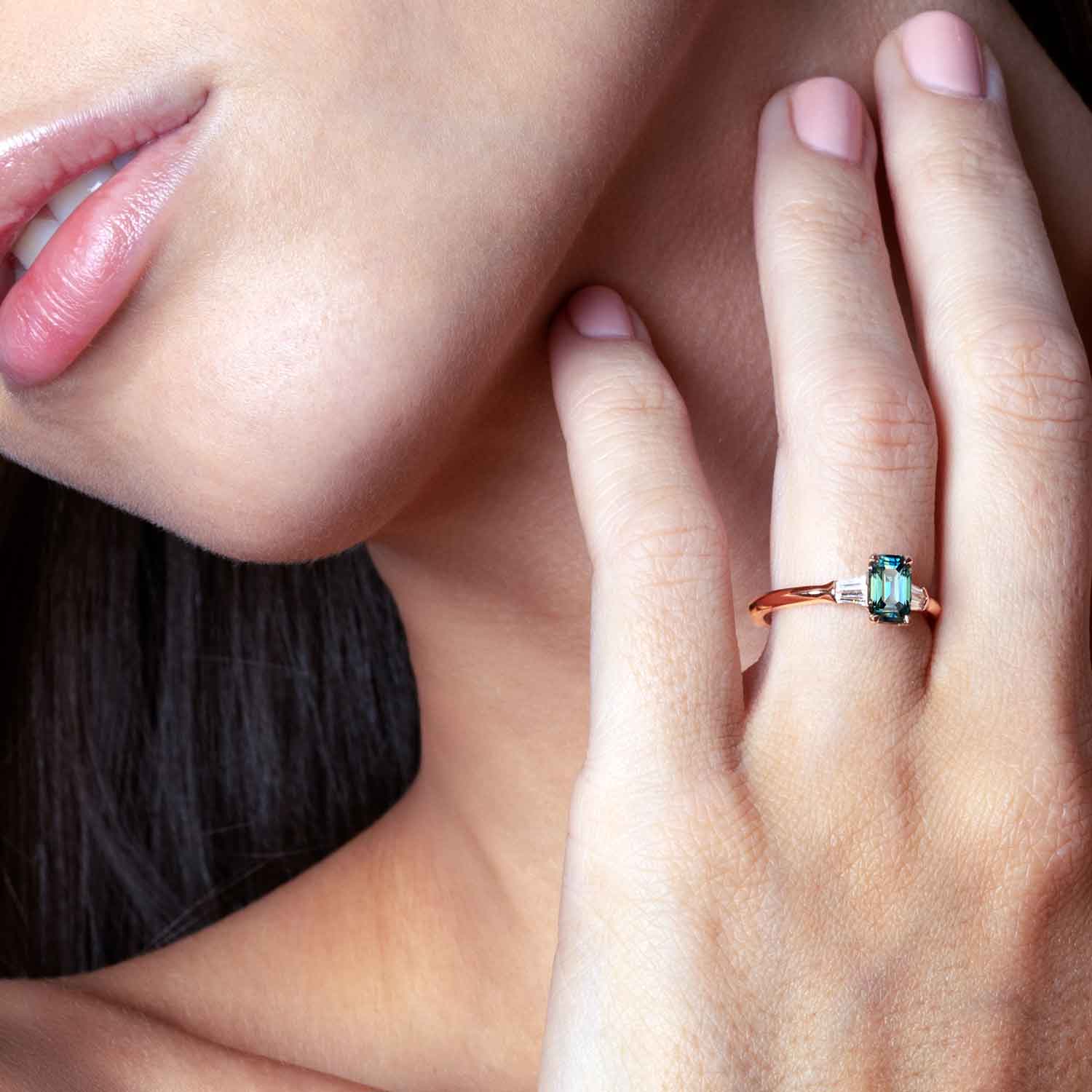 Emerald cut teal sapphire diamond engagement ring Lizunova Sydney jeweller Australia