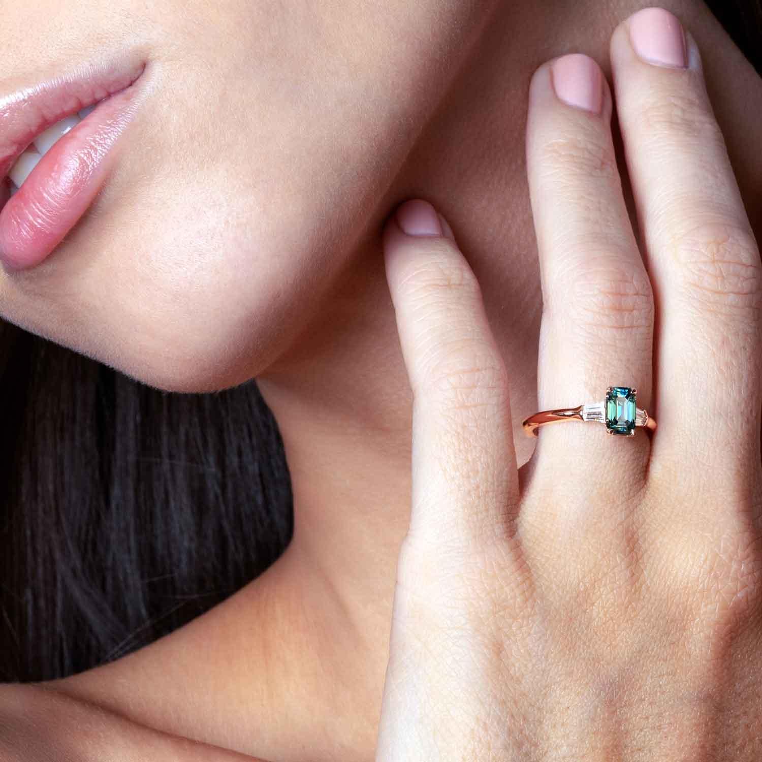 Lucca | Emerald cut teal sapphire engagement ring - Lizunova Fine Jewels