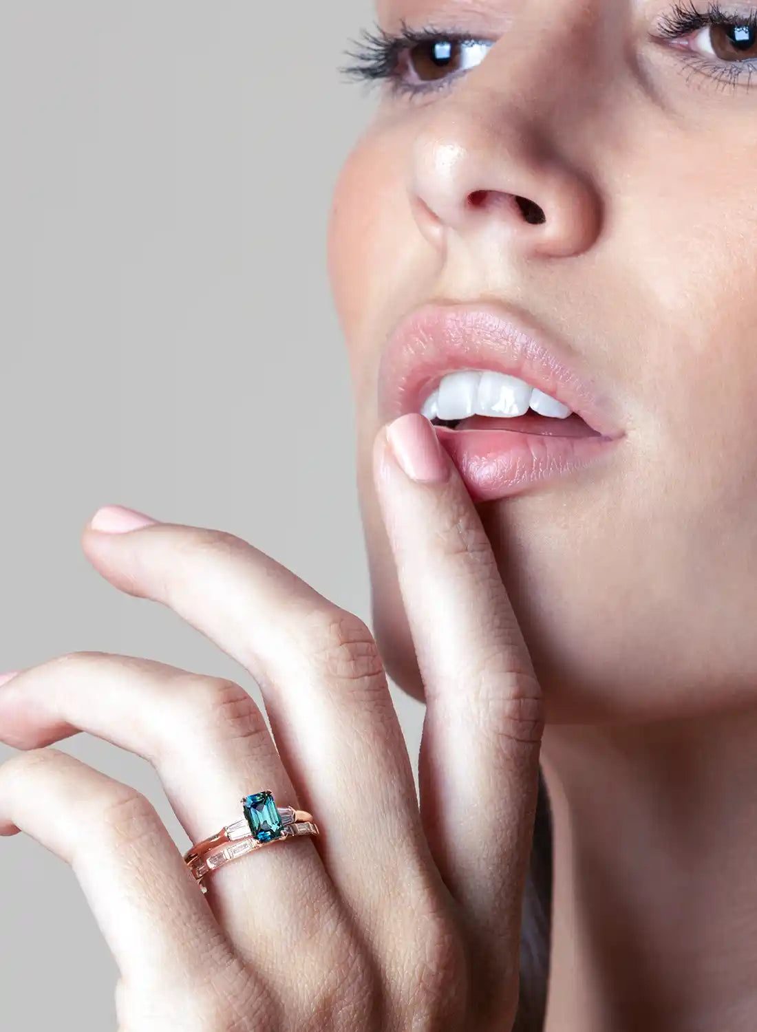 Emerald cut teal sapphire diamond engagement ring Lizunova Sydney jeweller Australia