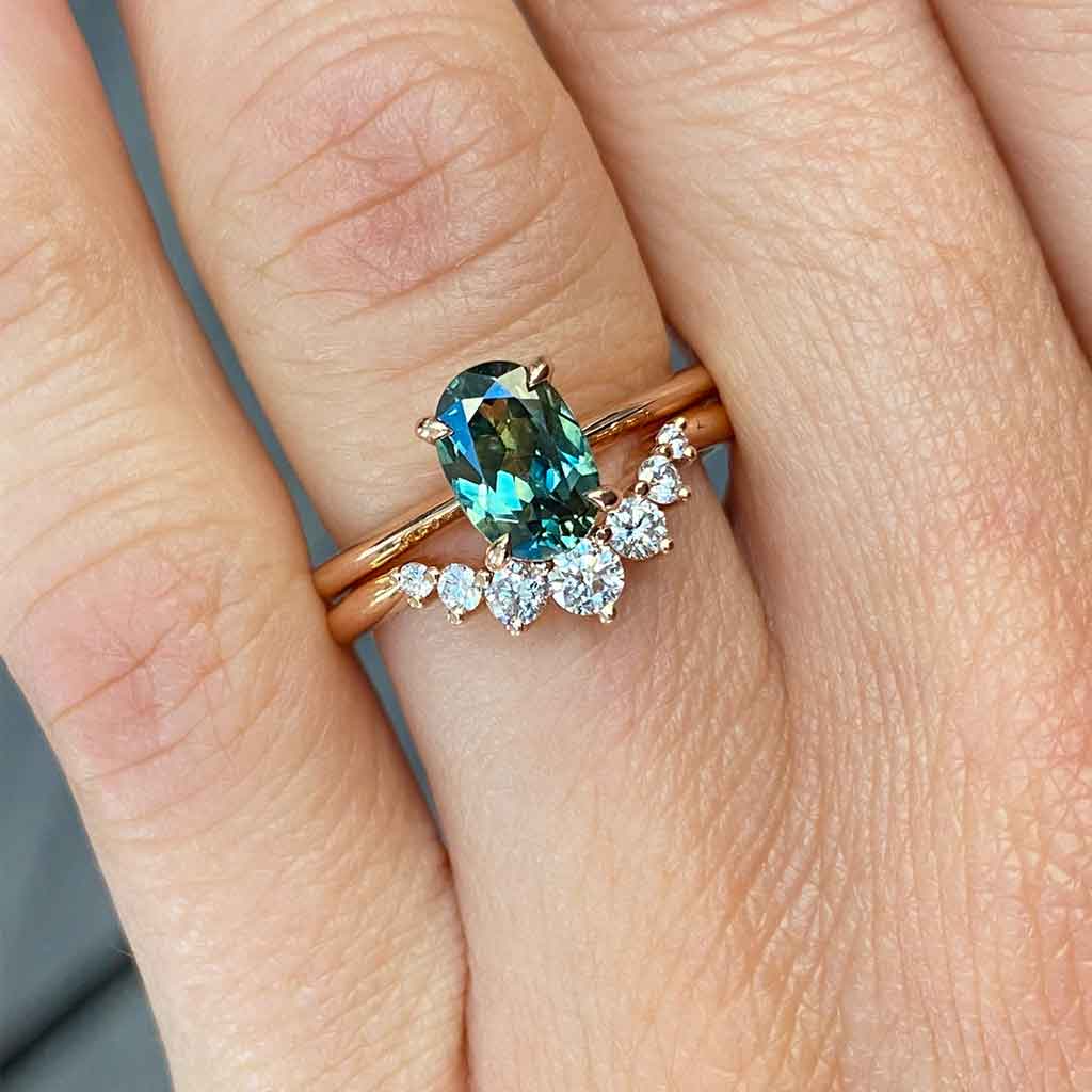 Lucia-oval-parti-teal-sapphire-engagement-ring-stack-Ami-fitted-diamond-wedding-ring-Lizunova-Fine-Jewels-Sydney-jeweller-Sydney-Australia