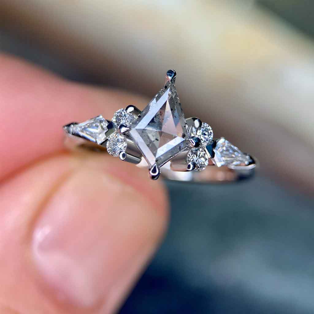 Kite shaped salt & pepper diamond engagement ring with round and kite white diamonds, handcrafted in Sydney in platinum