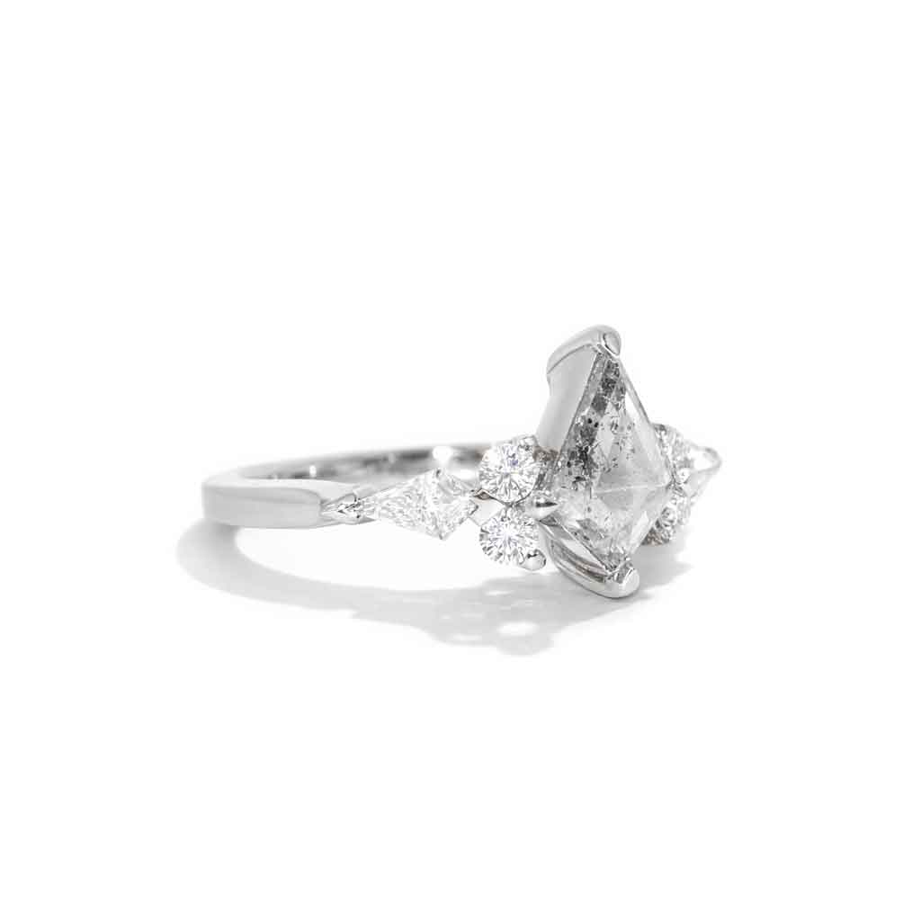 Kite shaped salt & pepper diamond engagement ring with round and kite white diamonds, handcrafted in Sydney in platinum
