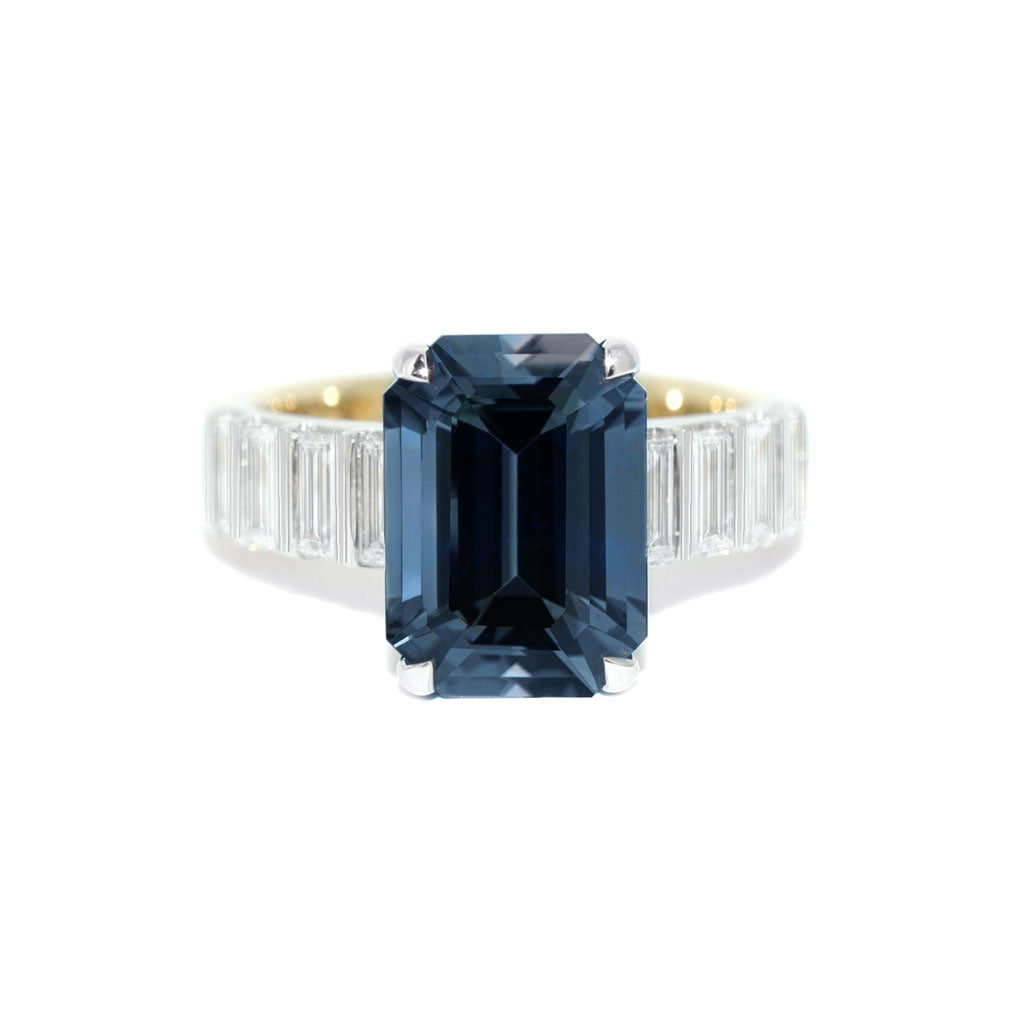 Bespoke emerald cut grey spinel and baguette diamond engagement ring handcrafted in platinum & 18k gold by Sydney jeweller Lizunova, Australia