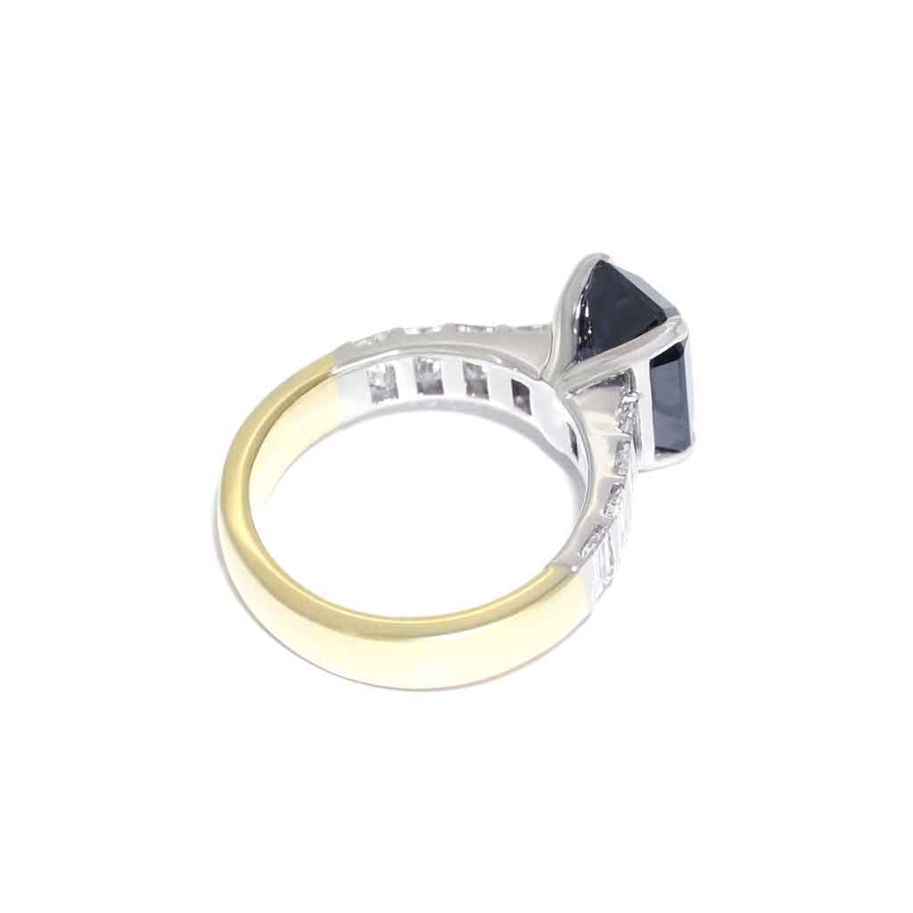 Bespoke emerald cut grey spinel and baguette diamond engagement ring handcrafted in platinum & 18k gold by Sydney jeweller Lizunova, Australia