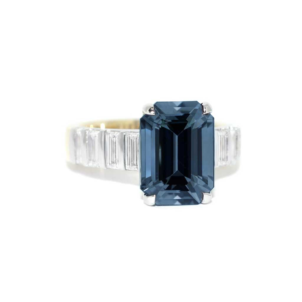 Bespoke emerald cut grey spinel and baguette diamond engagement ring handcrafted in platinum & 18k gold by Sydney jeweller Lizunova, Australia