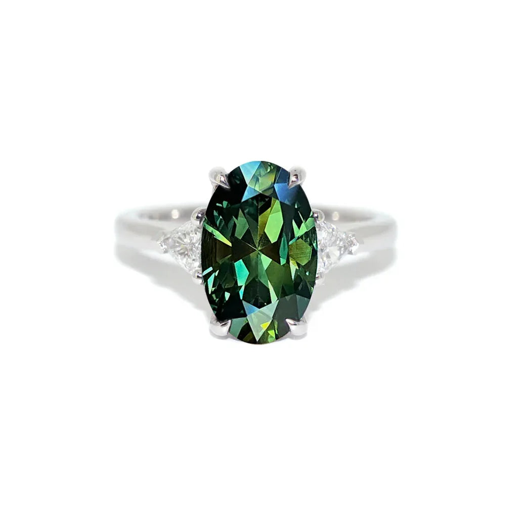 Nola | Oval green sapphire diamond trilliant engagement ring - Lizunova Fine Jewels
