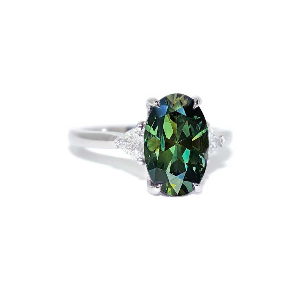 Nola | Oval green sapphire diamond trilliant engagement ring - Lizunova Fine Jewels