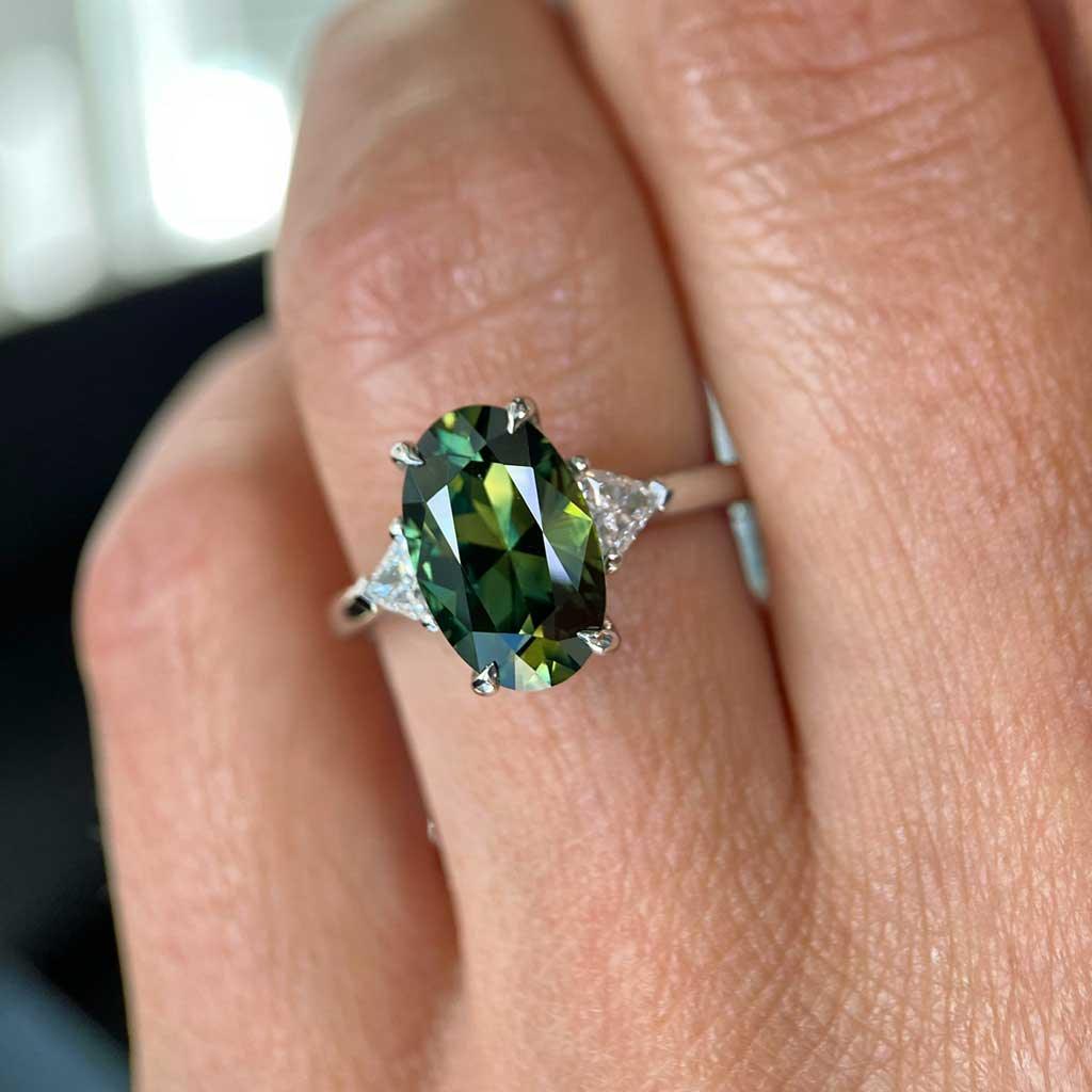 Nola | Oval green sapphire diamond trilliant engagement ring - Lizunova Fine Jewels
