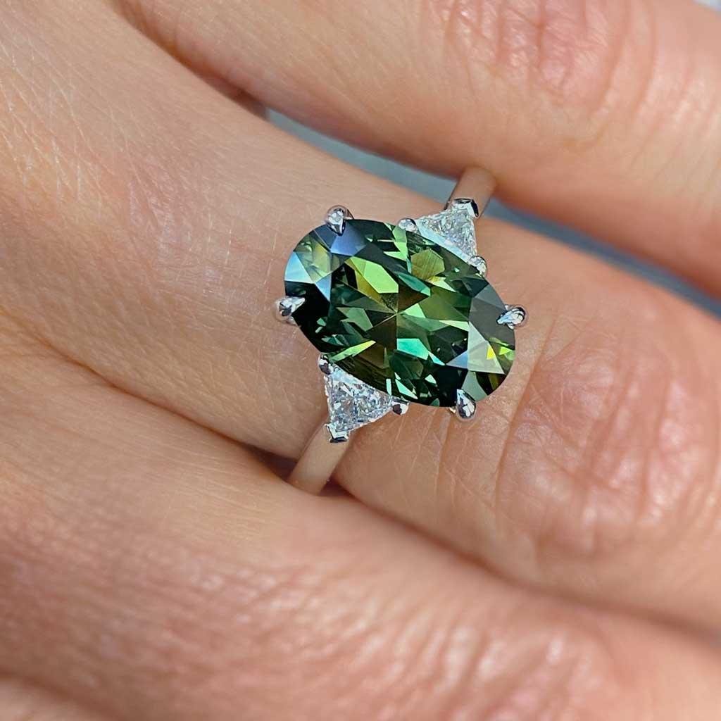 Nola | Oval green sapphire diamond trilliant engagement ring - Lizunova Fine Jewels