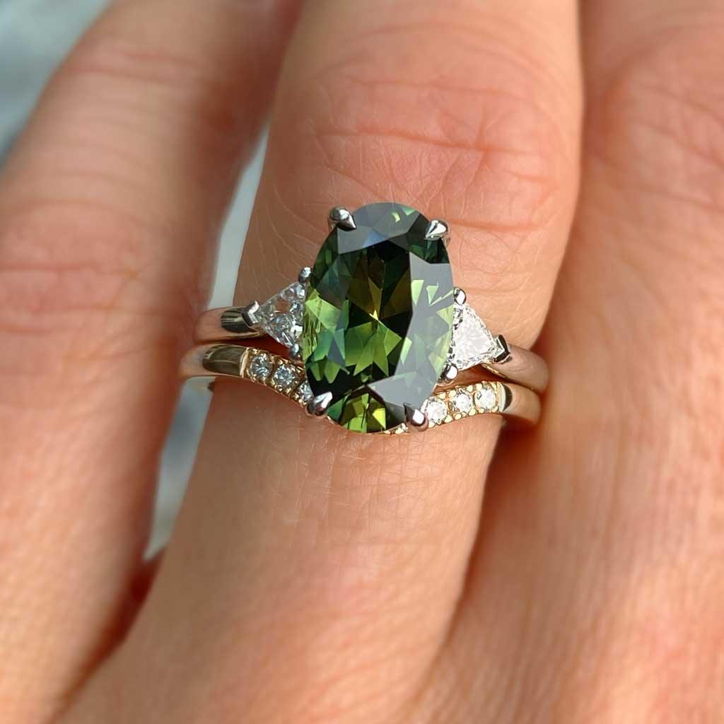 Nola | Oval green sapphire diamond trilliant engagement ring - Lizunova Fine Jewels