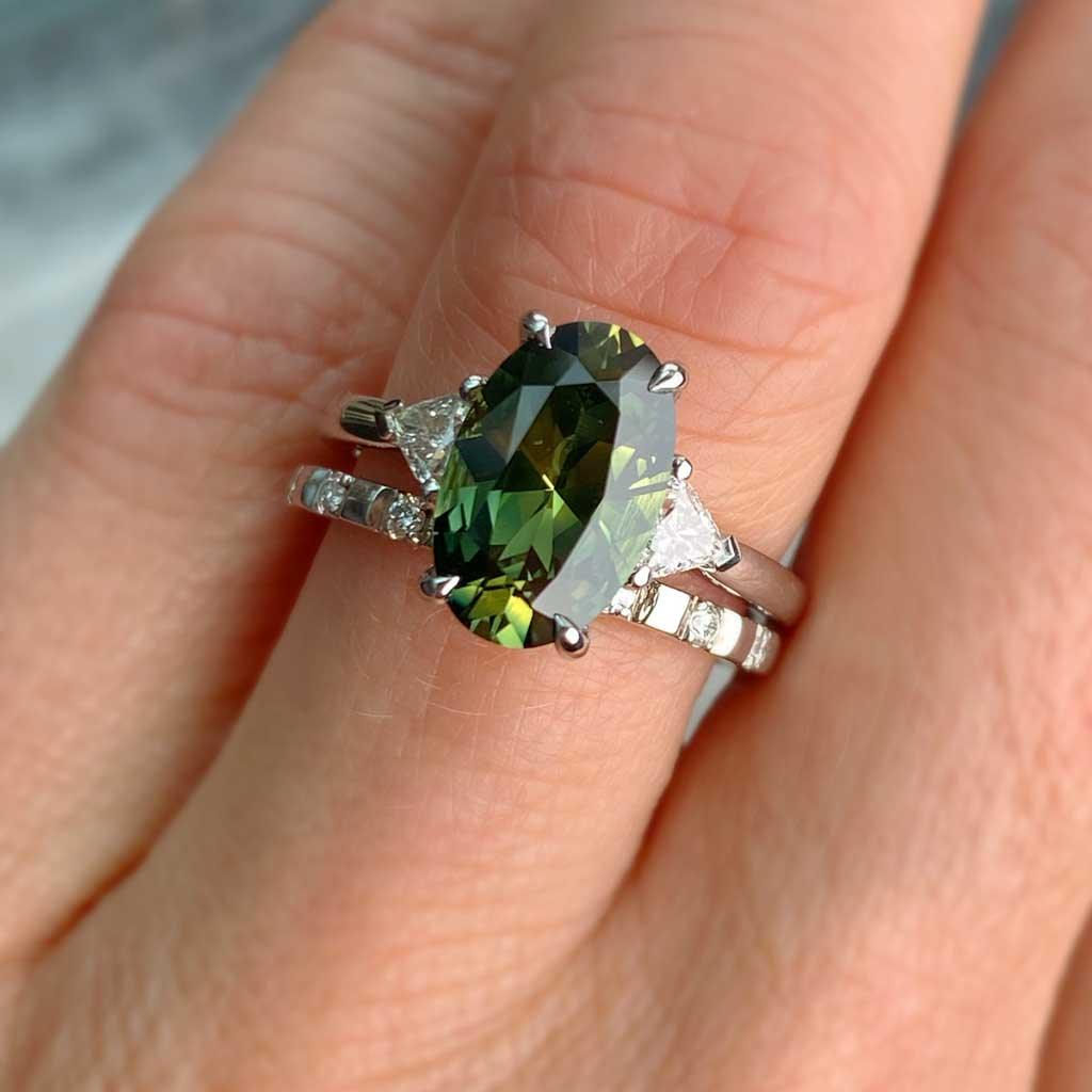 Nola | Oval green sapphire diamond trilliant engagement ring - Lizunova Fine Jewels
