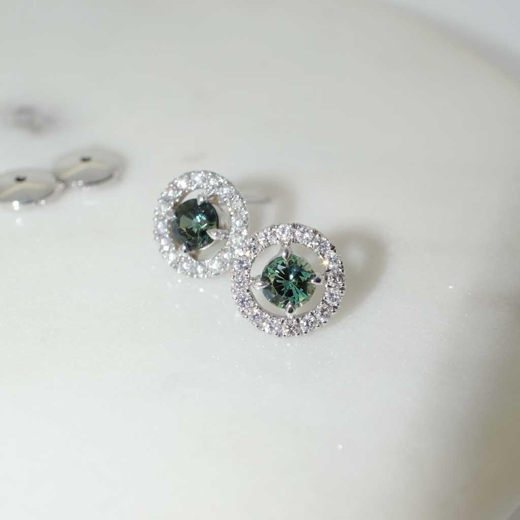 Nova | Teal sapphire diamond halo earrings - Lizunova Fine Jewels